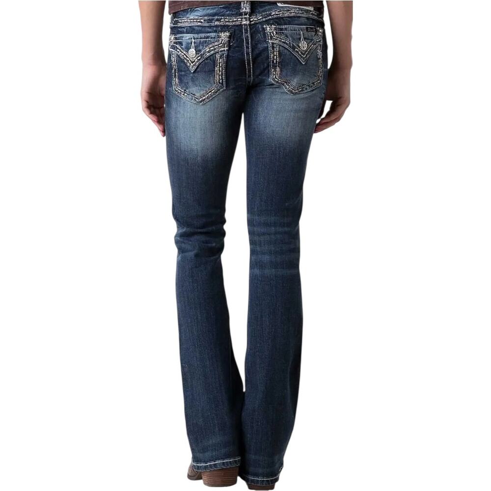 Miss Me Signature Bootcut Jeans Low Rise Denim Embroidered Dark Wash 28x31